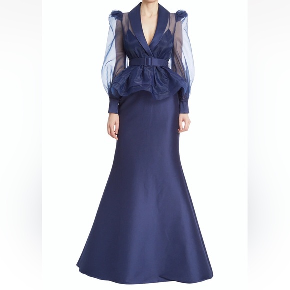 Badgley Mischka Midnight Blue Sheer Sleeve Gown - Picture 11 of 11